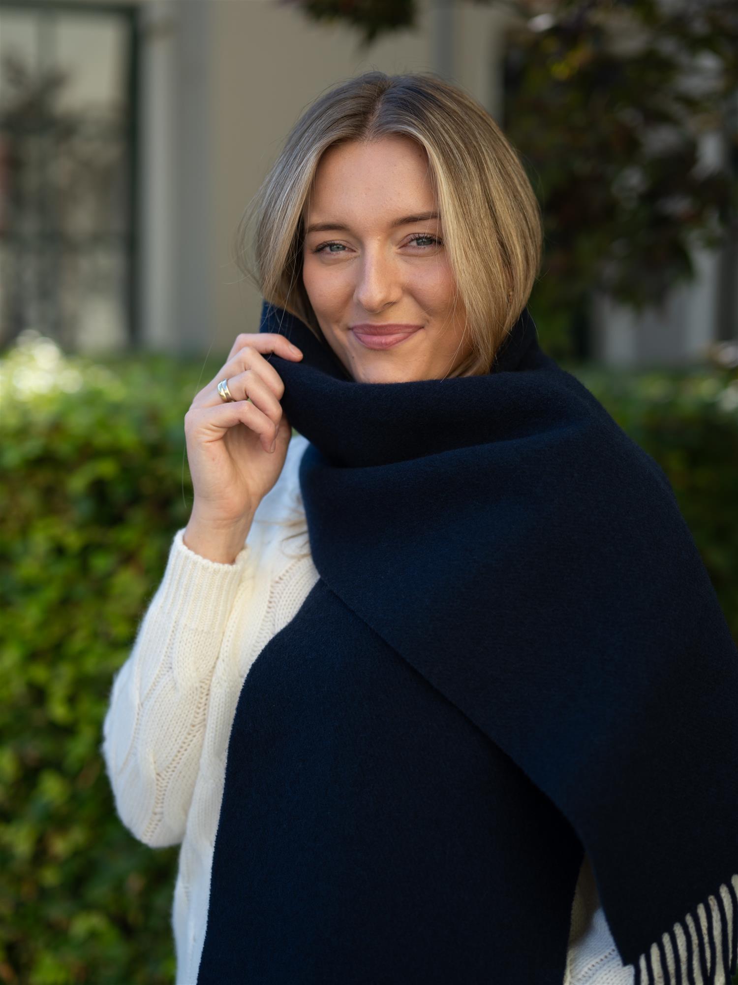 Fringe-Trim Wool Scarf Hunter Navy