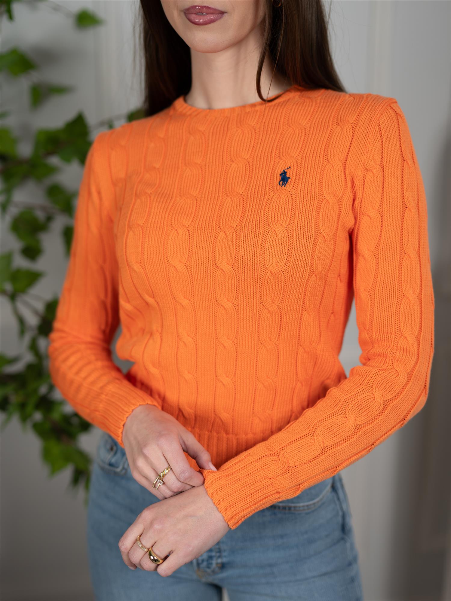 Polo Cable-Knit Cotton Crewneck Sweater Orange