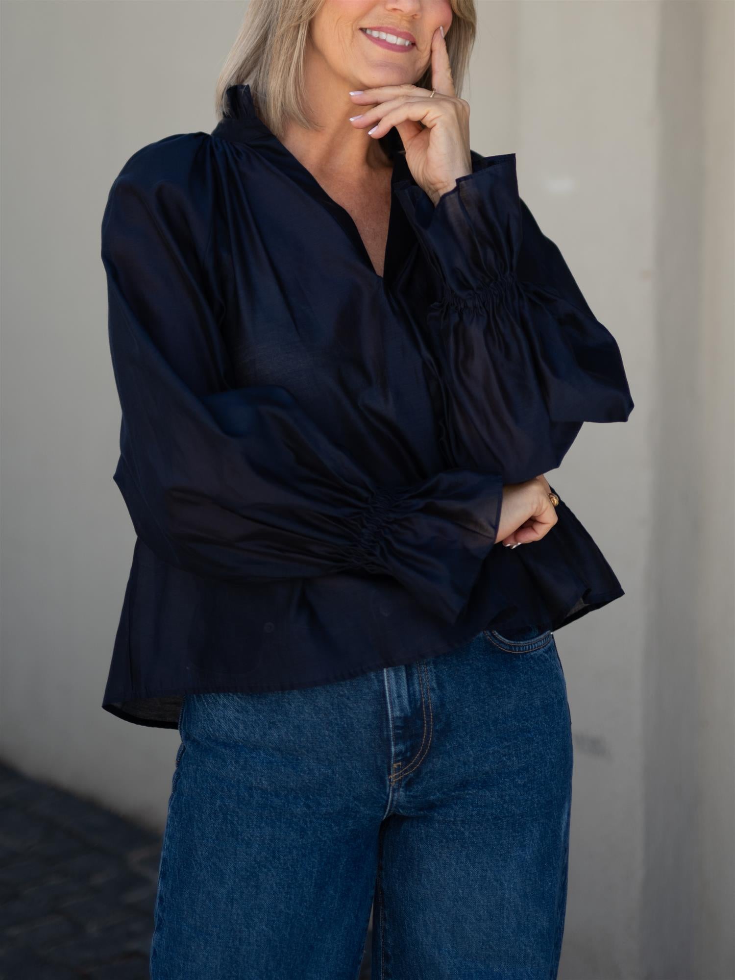 Woven Balloon Sleeve Shirt Blue