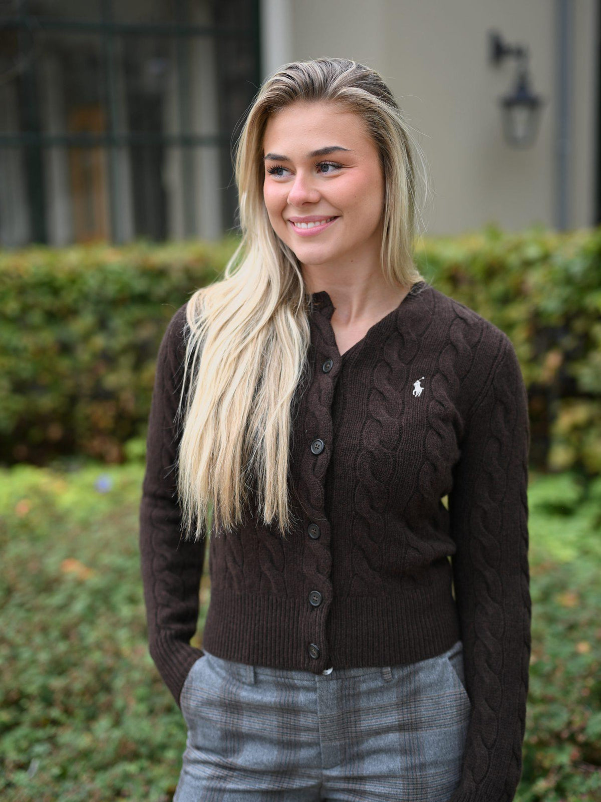 Cable-Knit Wool-Cashmere Cardigan Cedar Heather