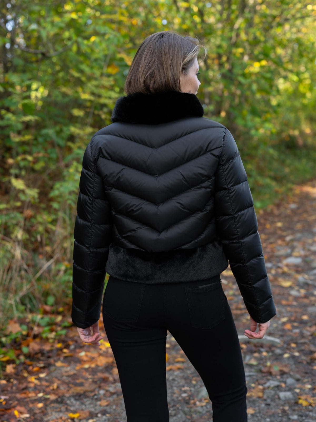 Ladies Down Jacket Black Faux Fur