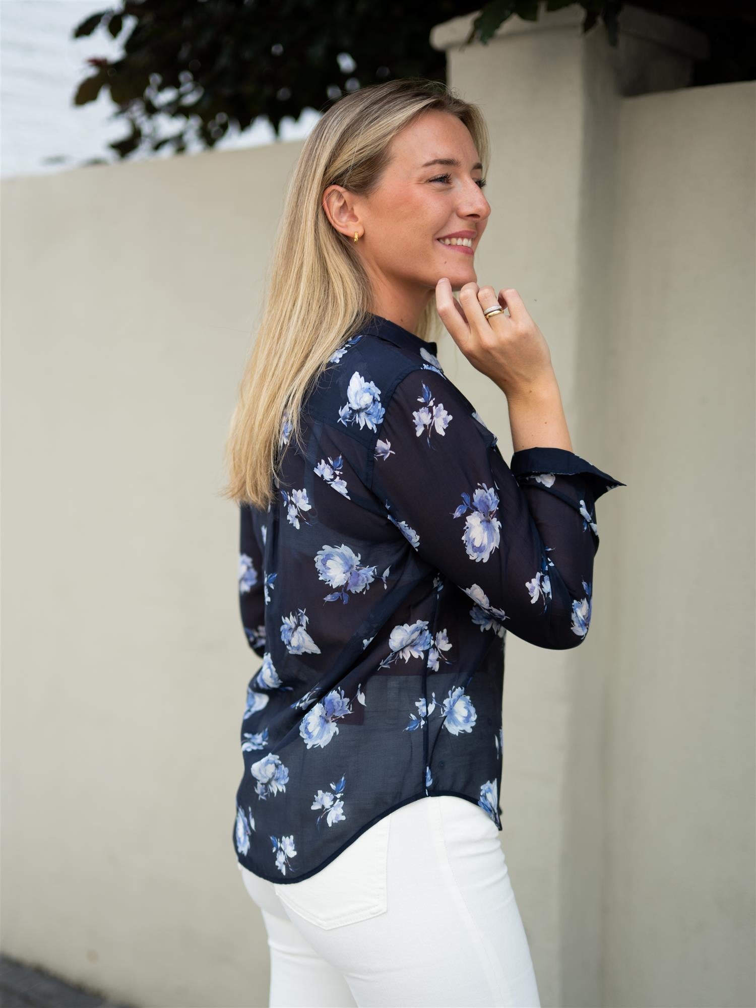 Reg Floral Print Ctn Silk Ls Shirt Evening Blue