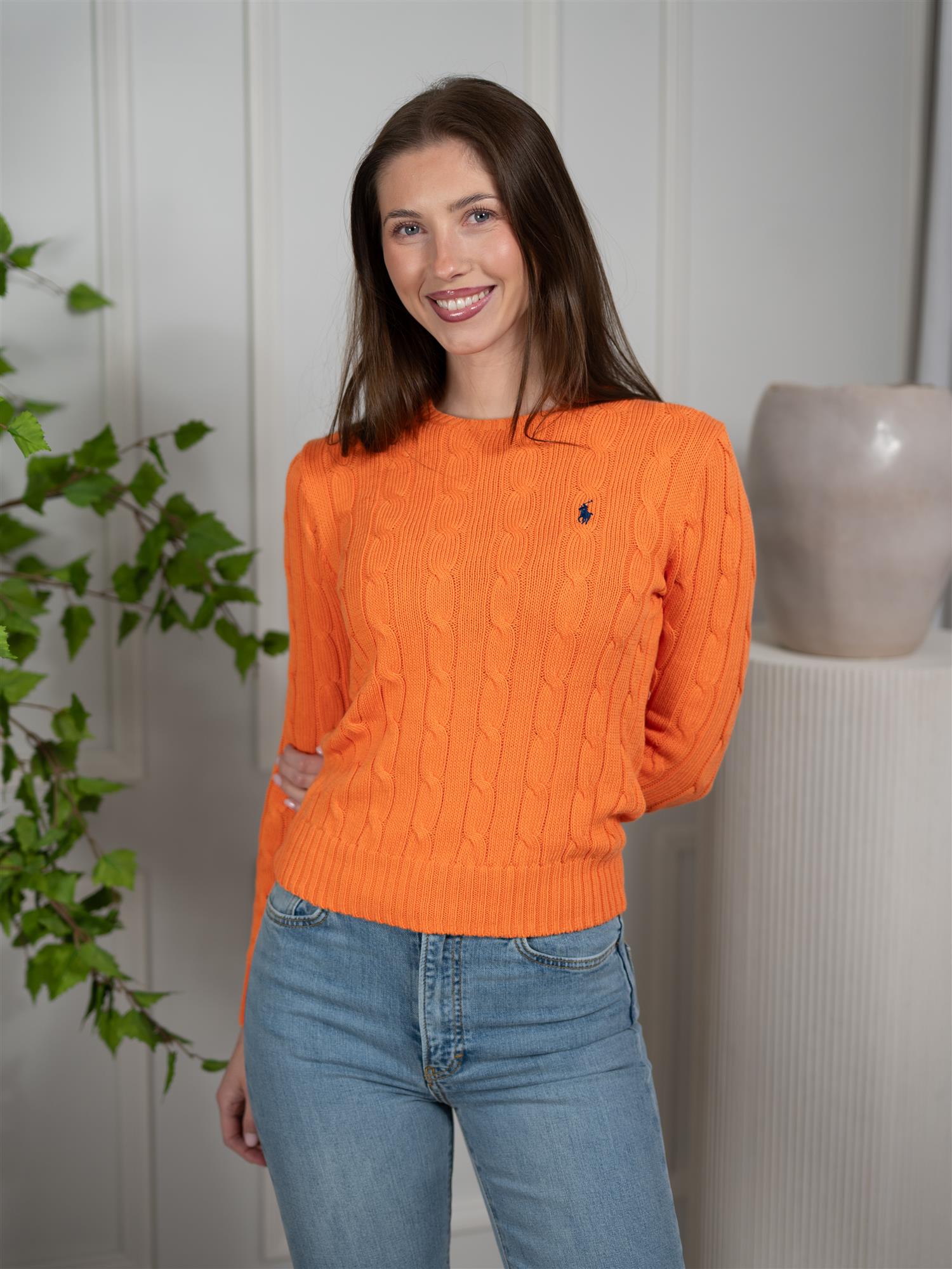 Polo Cable-Knit Cotton Crewneck Sweater Orange
