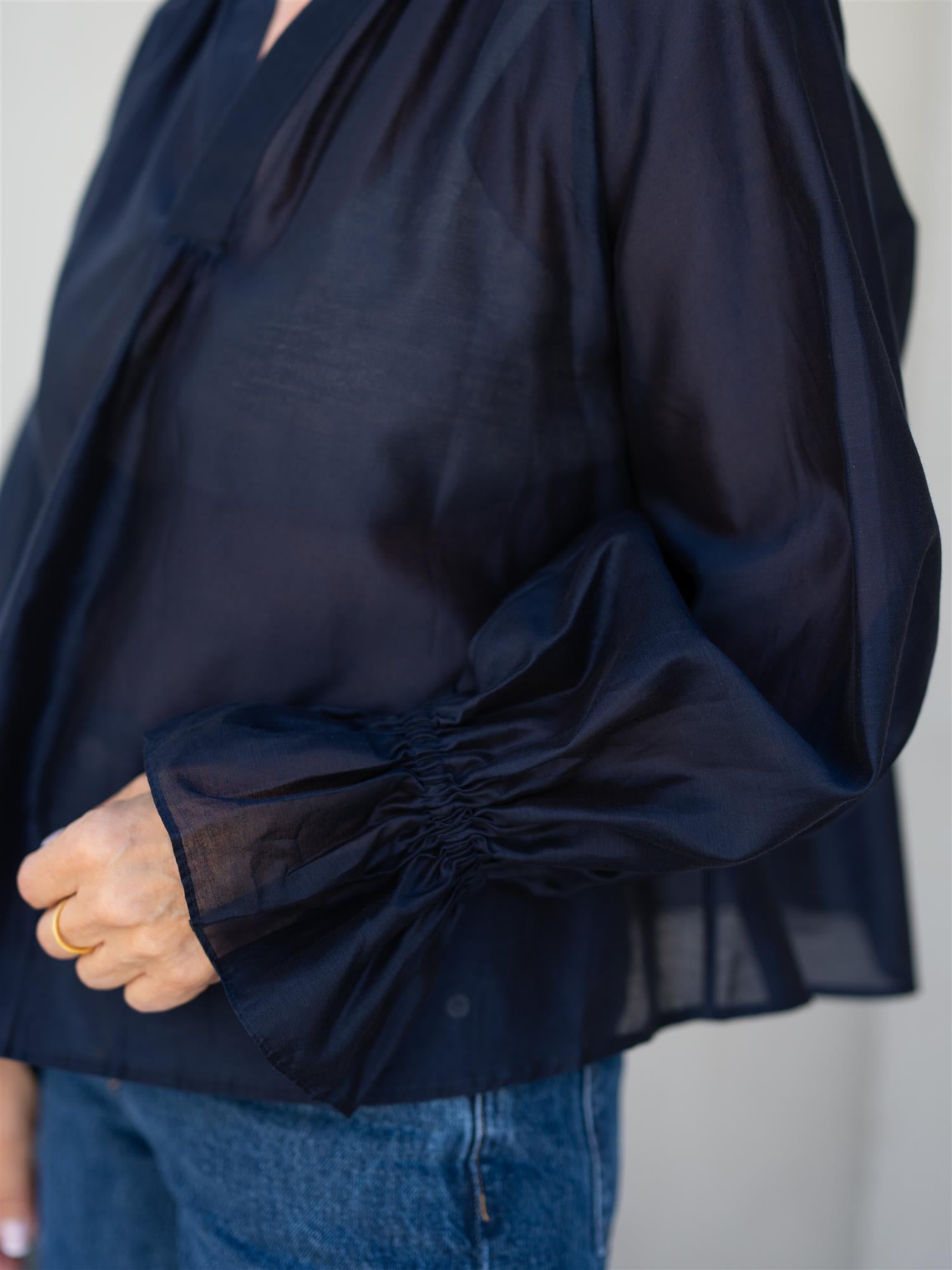 Woven Balloon Sleeve Shirt Blue