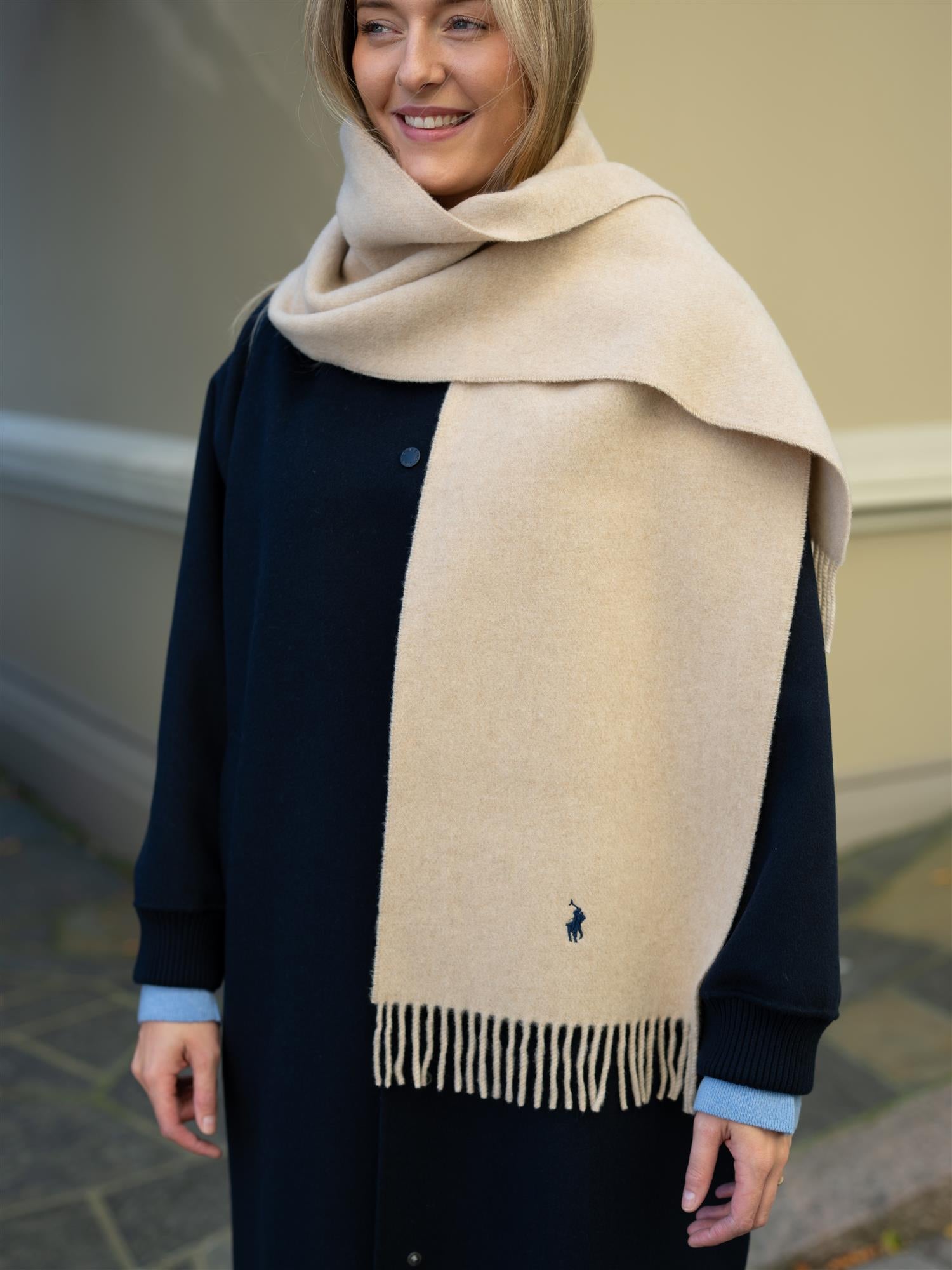 Fringe-Trim Wool Scarf Beige