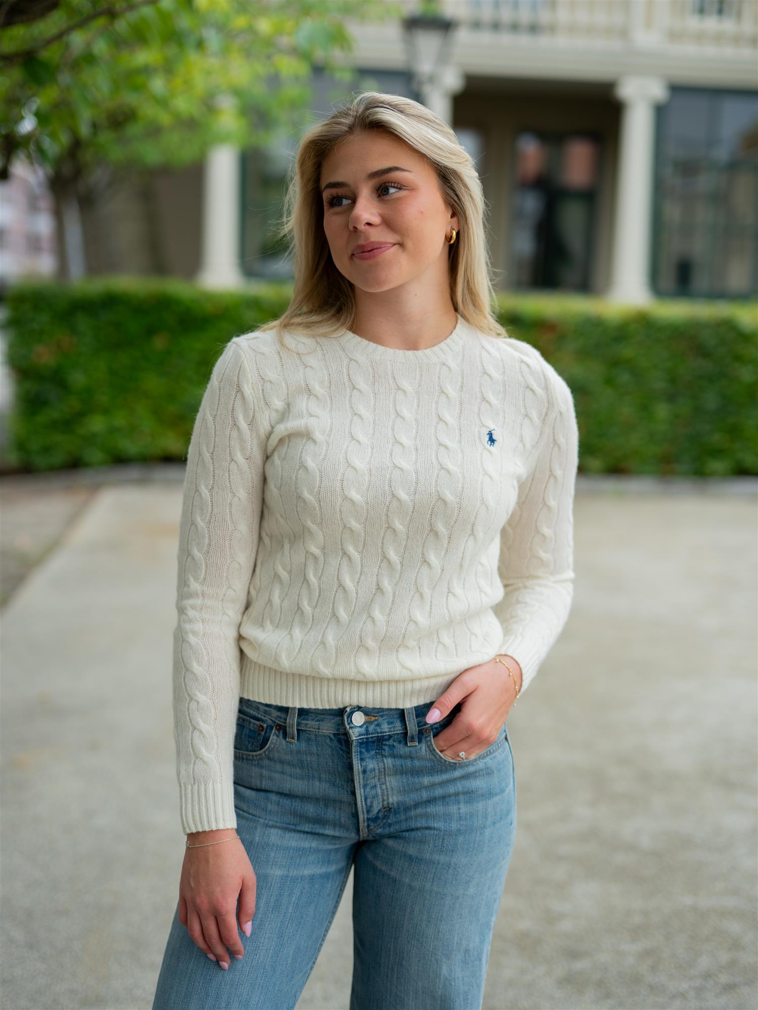 Cable Wool-Cashmere Crewneck Jumper White