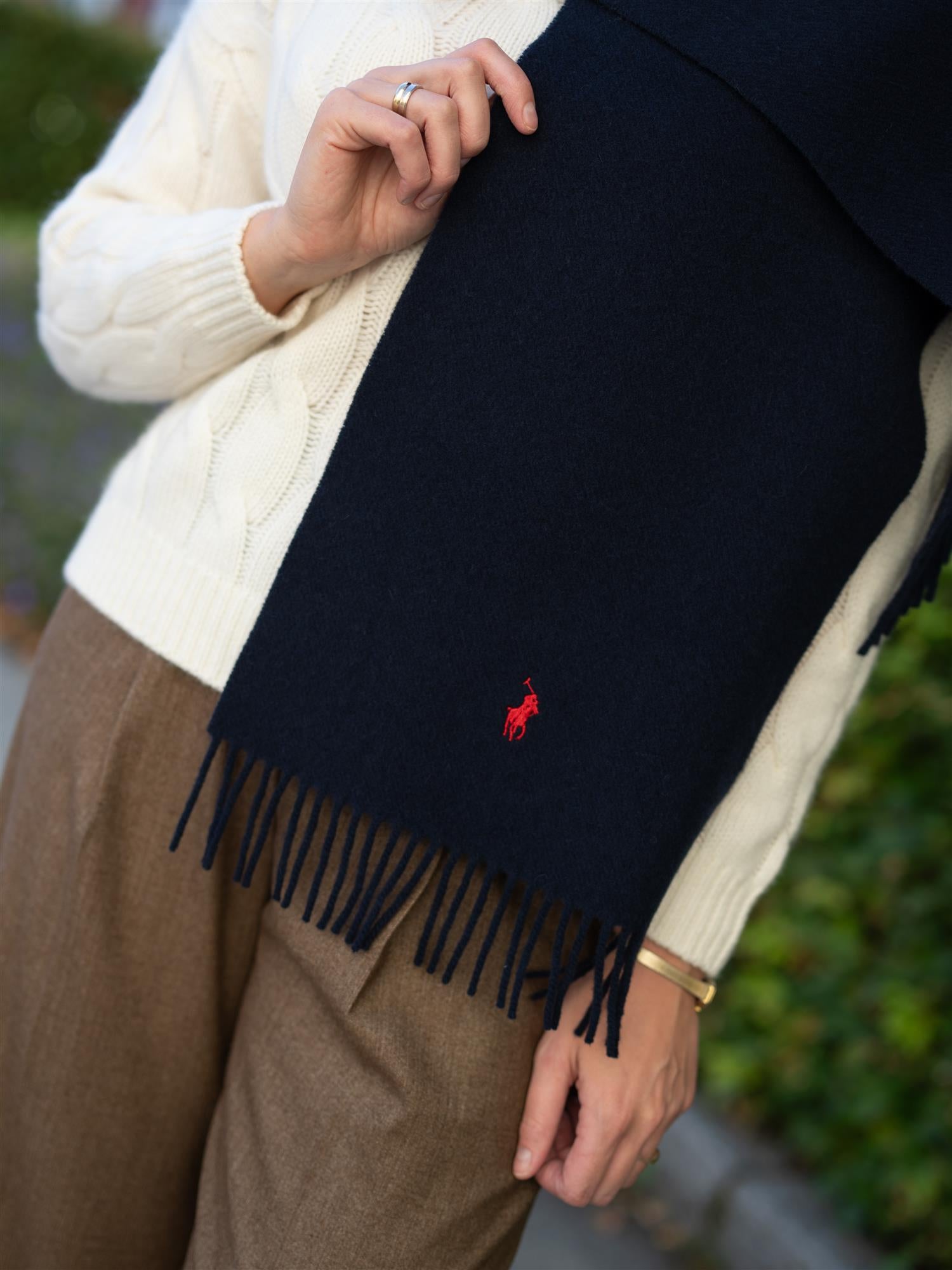 Fringe-Trim Wool Scarf Hunter Navy