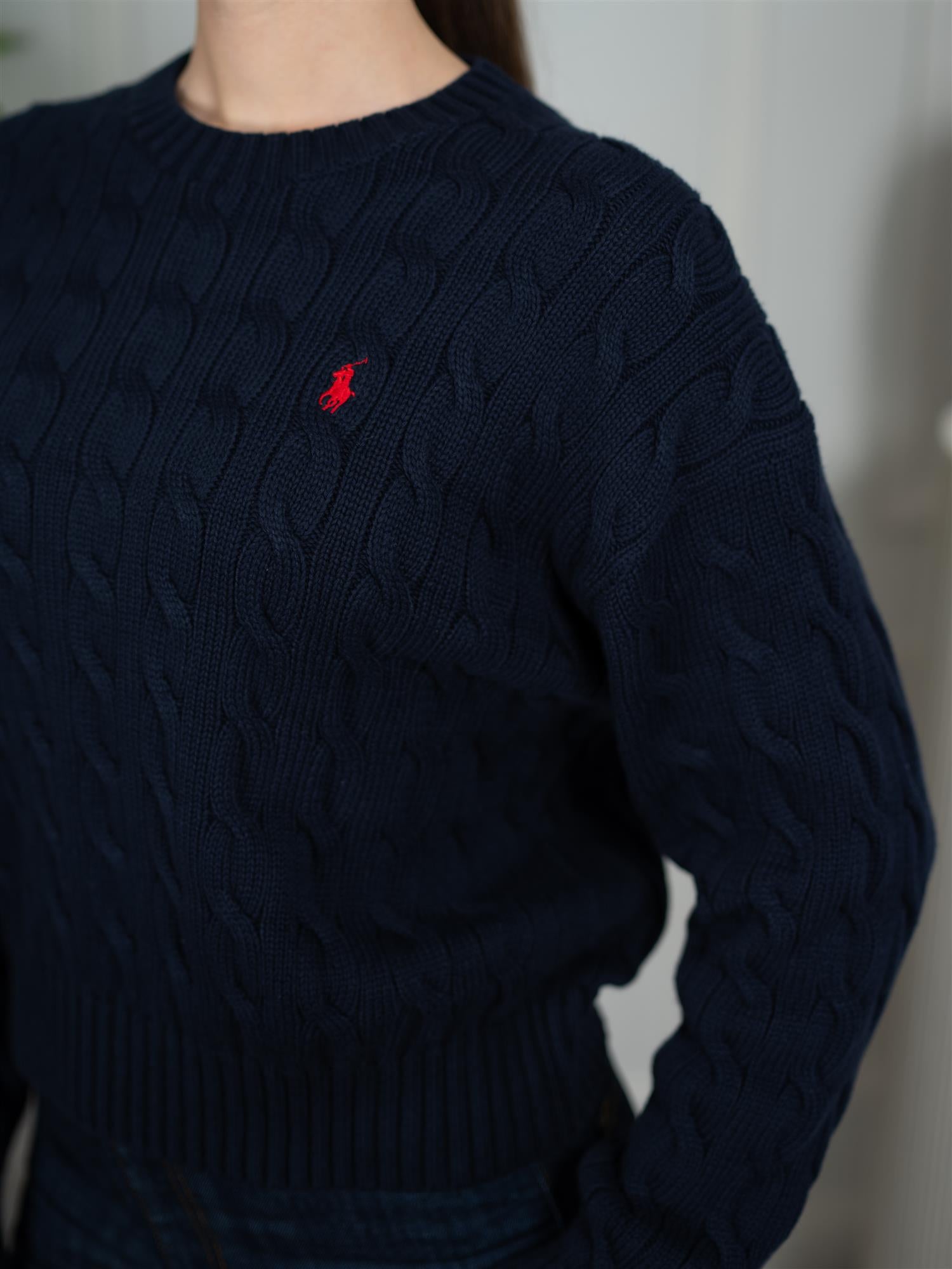 Polo Cable-Knit Cotton Sweater-Pullover Blue