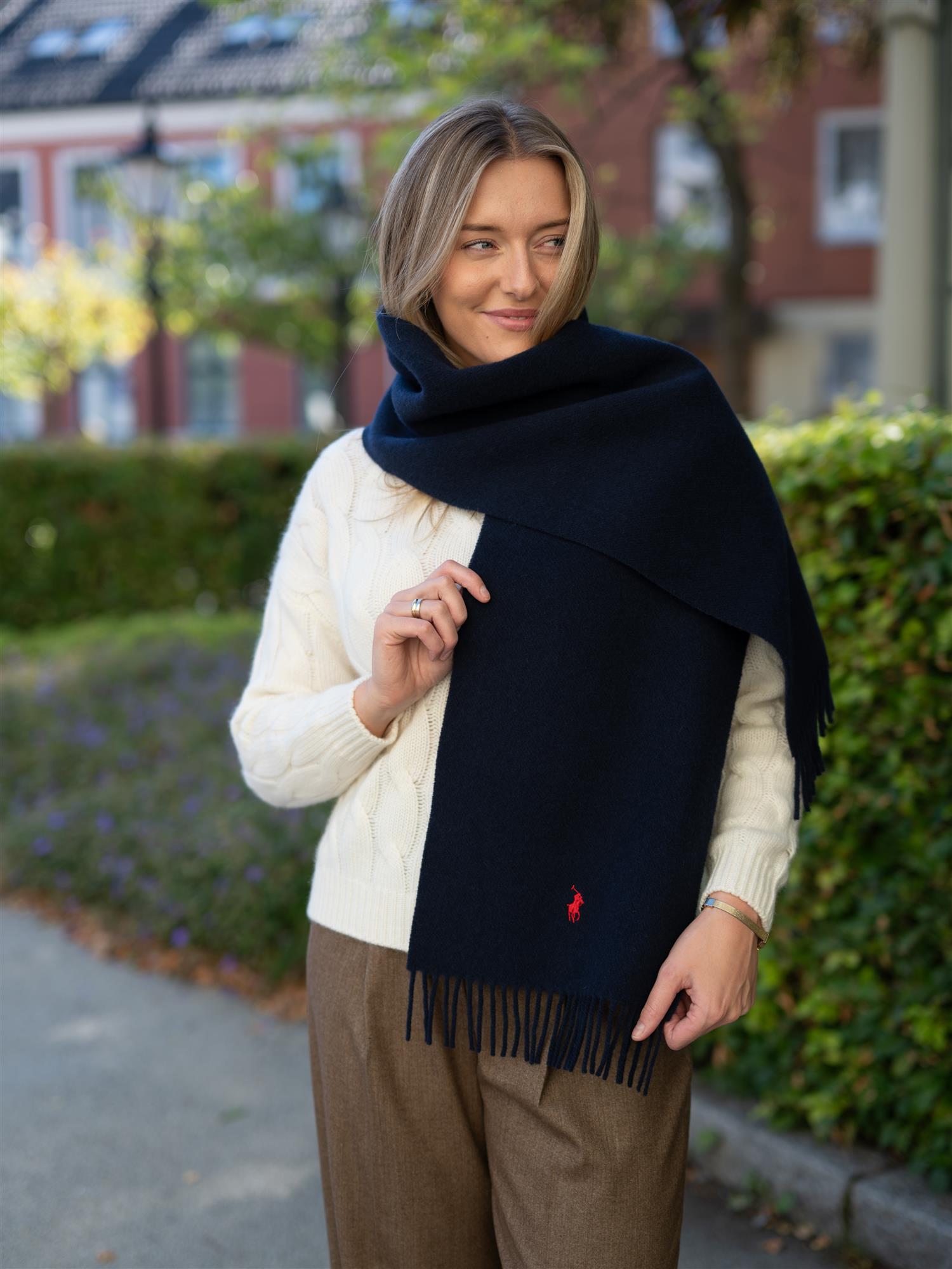 Fringe-Trim Wool Scarf Hunter Navy