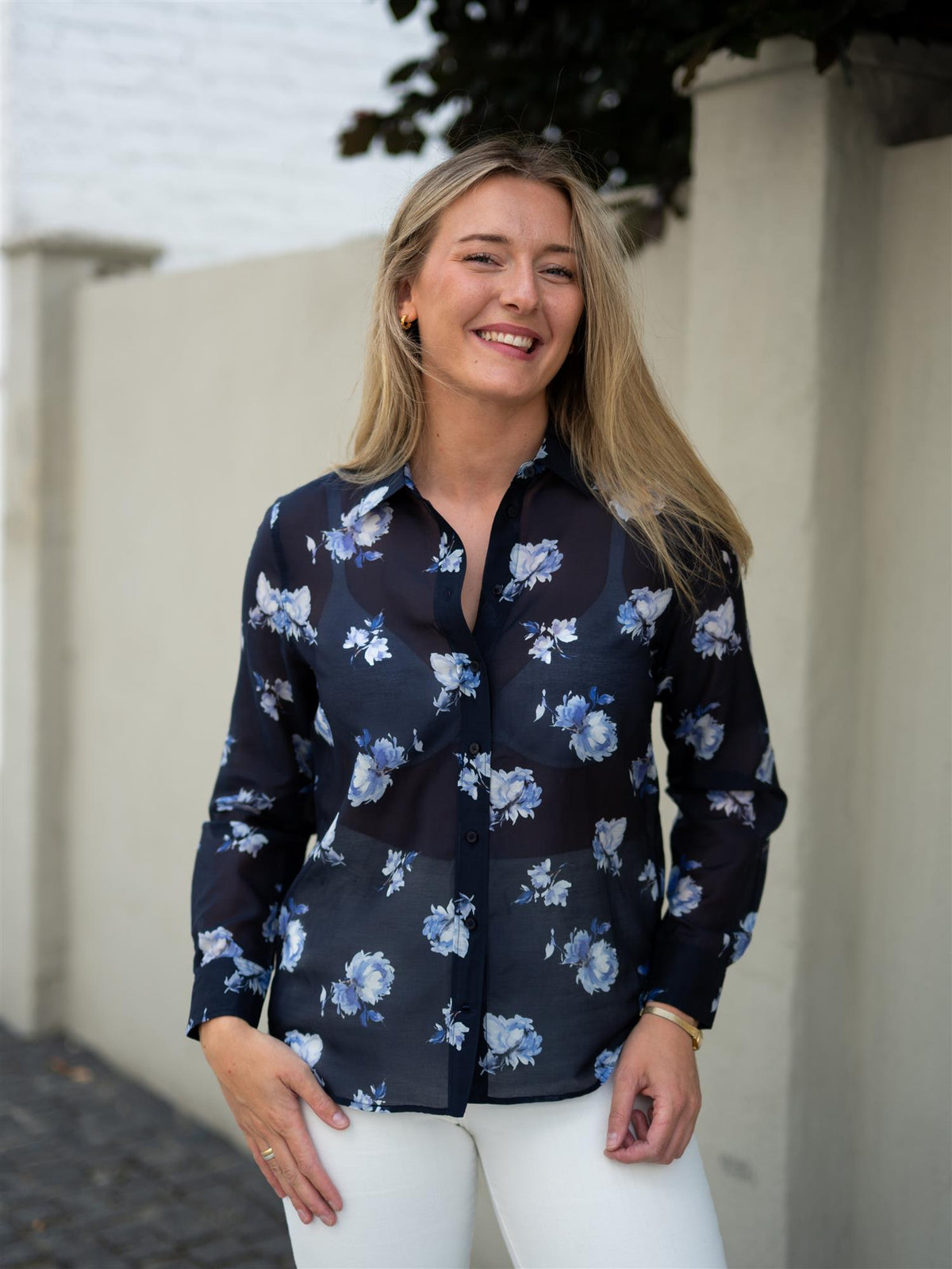 Reg Floral Print Ctn Silk Ls Shirt Evening Blue
