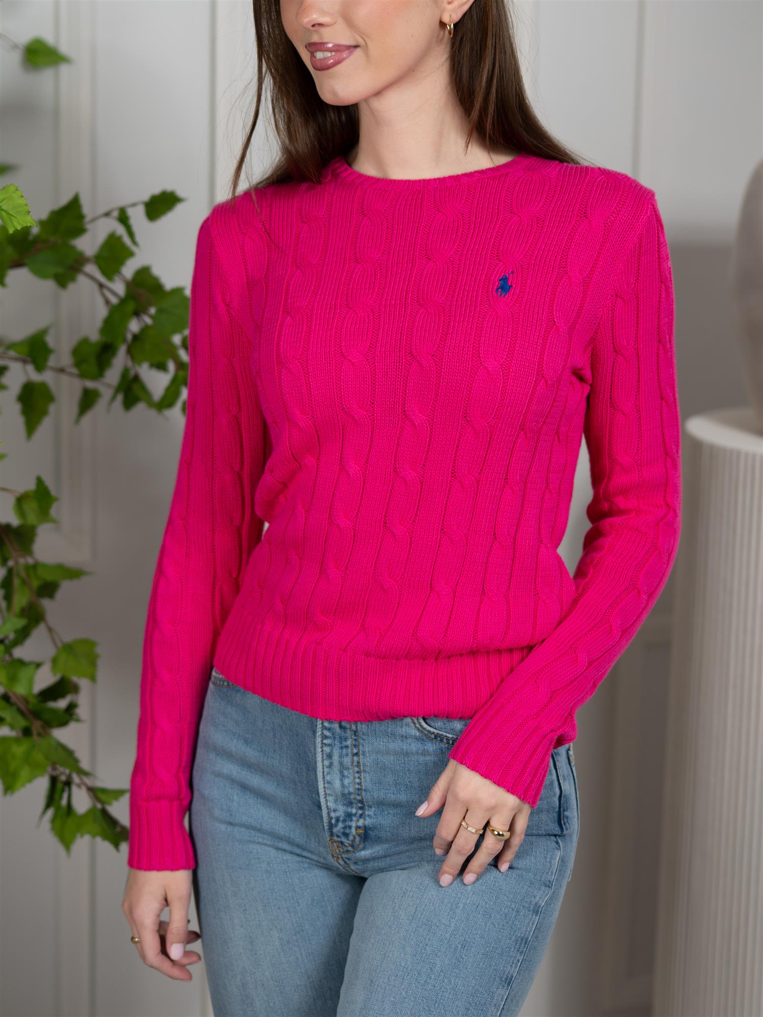Polo Cable-Knit Cotton Crewneck Sweater Pink