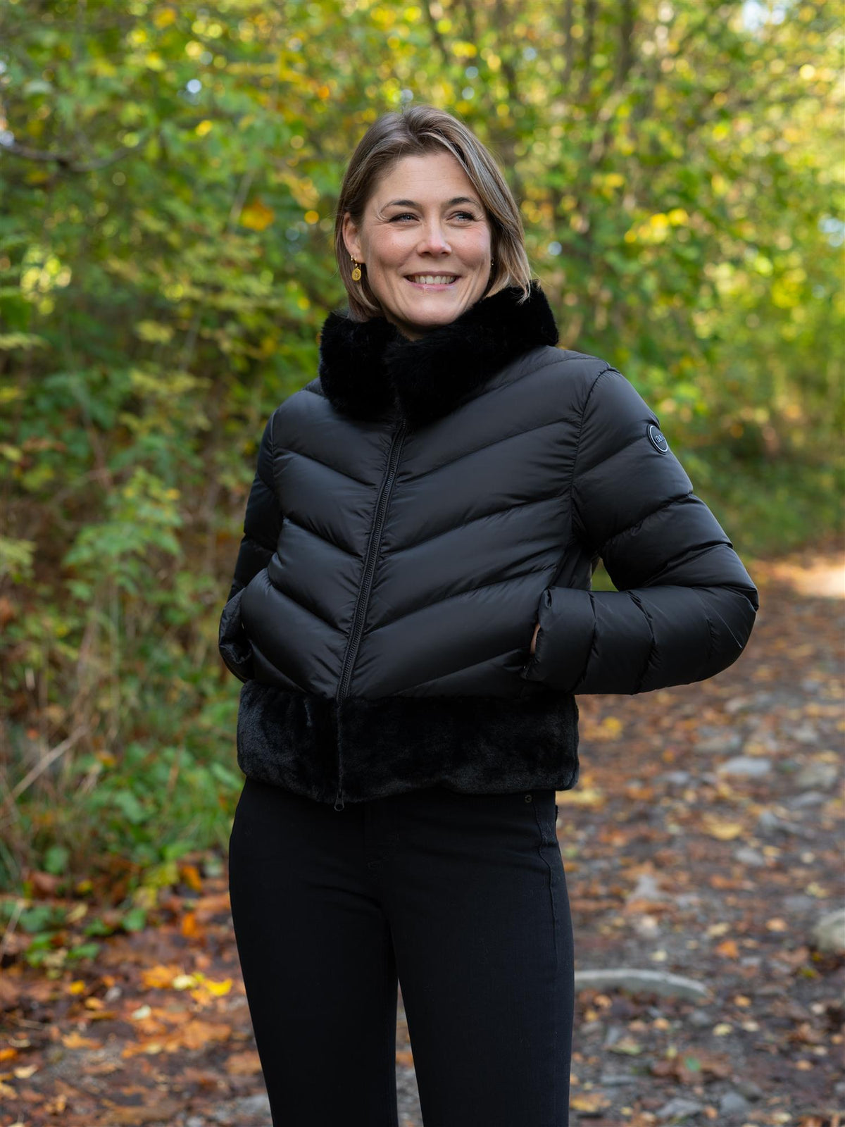 Ladies Down Jacket Black Faux Fur