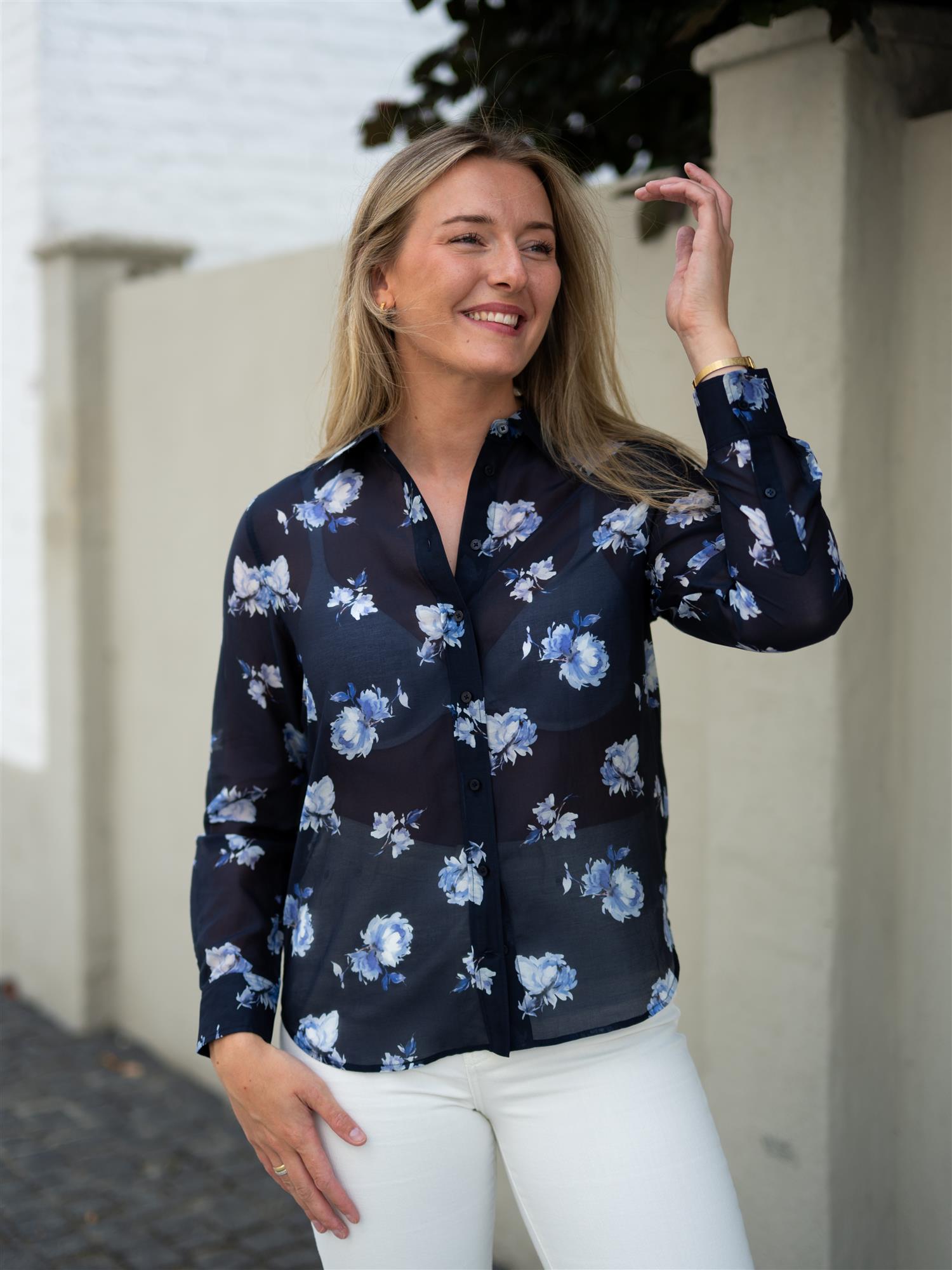 Reg Floral Print Ctn Silk Ls Shirt Evening Blue