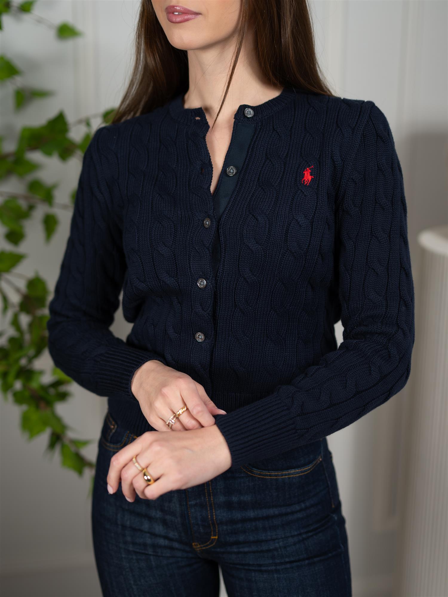 Polo Cable-Knit Cotton Crewneck Cardigan Hunter Navy