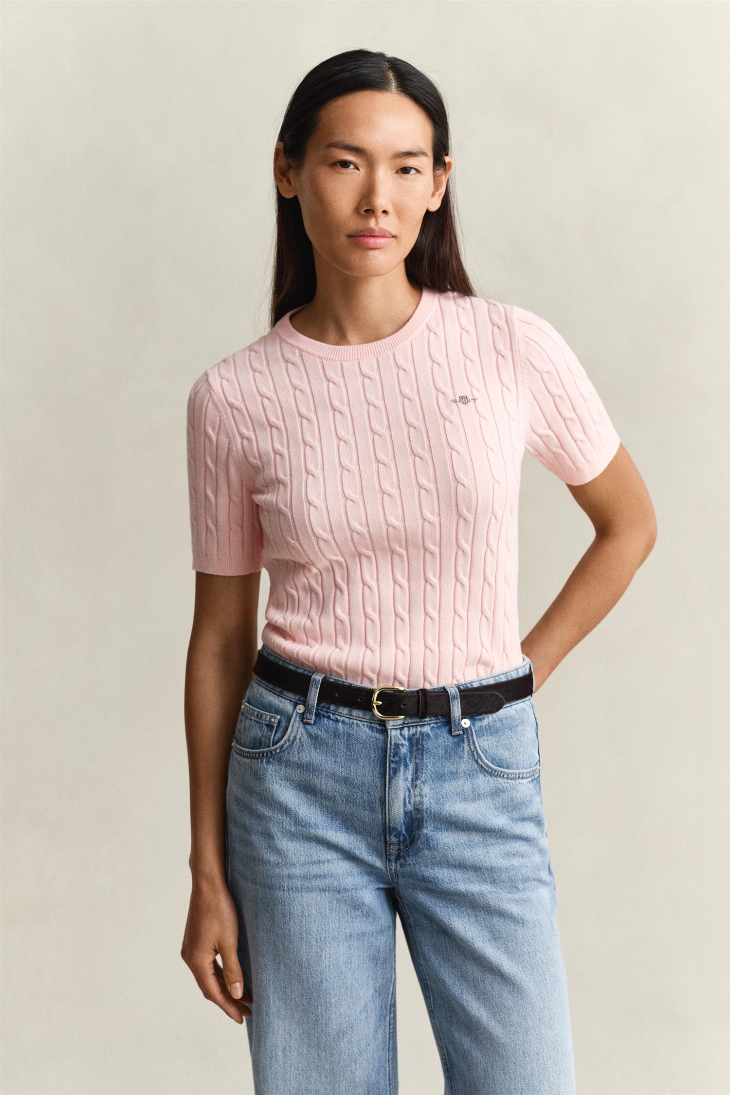 Gant Stretch Cotton Cable Ss C-Neck Apricot Pink