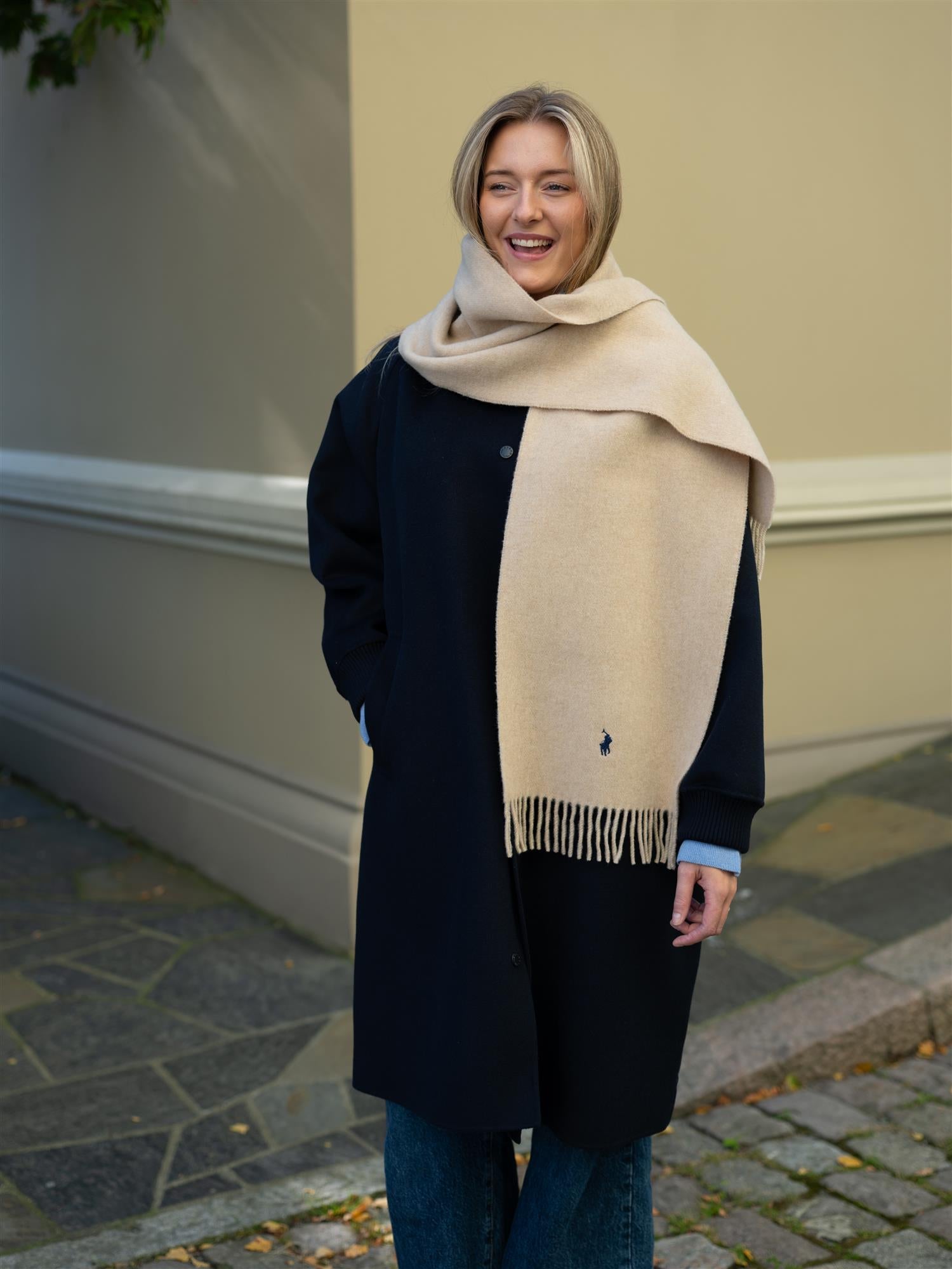 Fringe-Trim Wool Scarf Beige