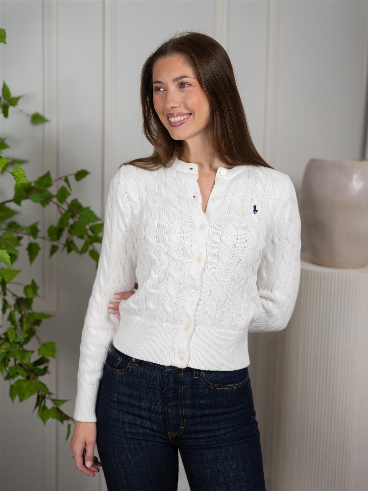Polo Cable-Knit Cotton Crewneck Cardigan White