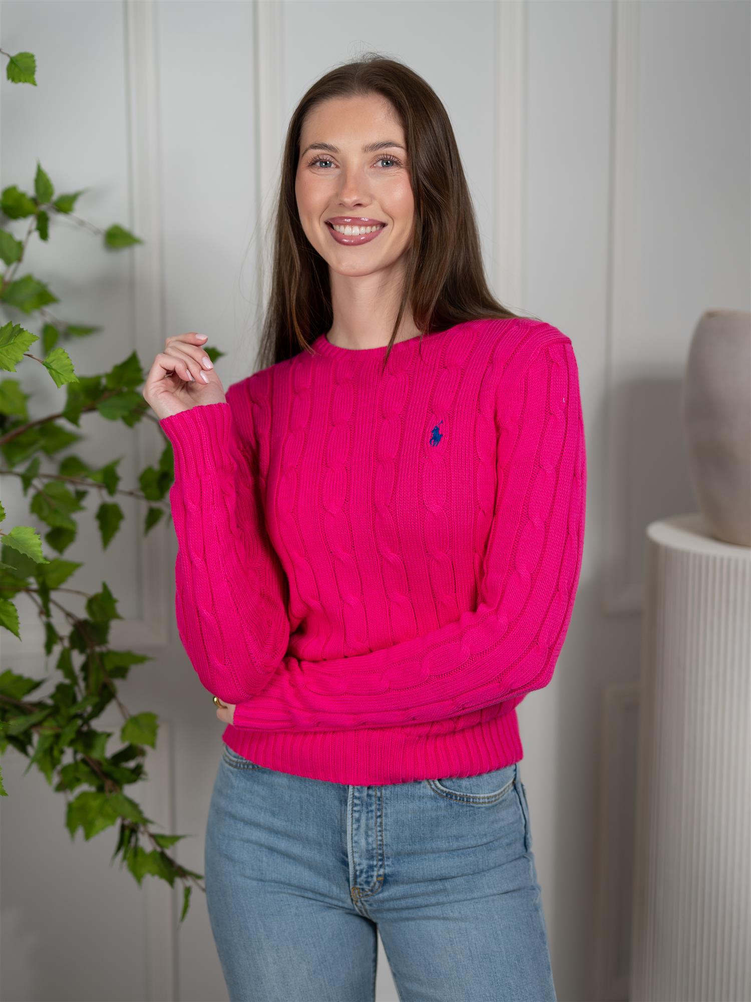 Polo Cable-Knit Cotton Crewneck Sweater Pink