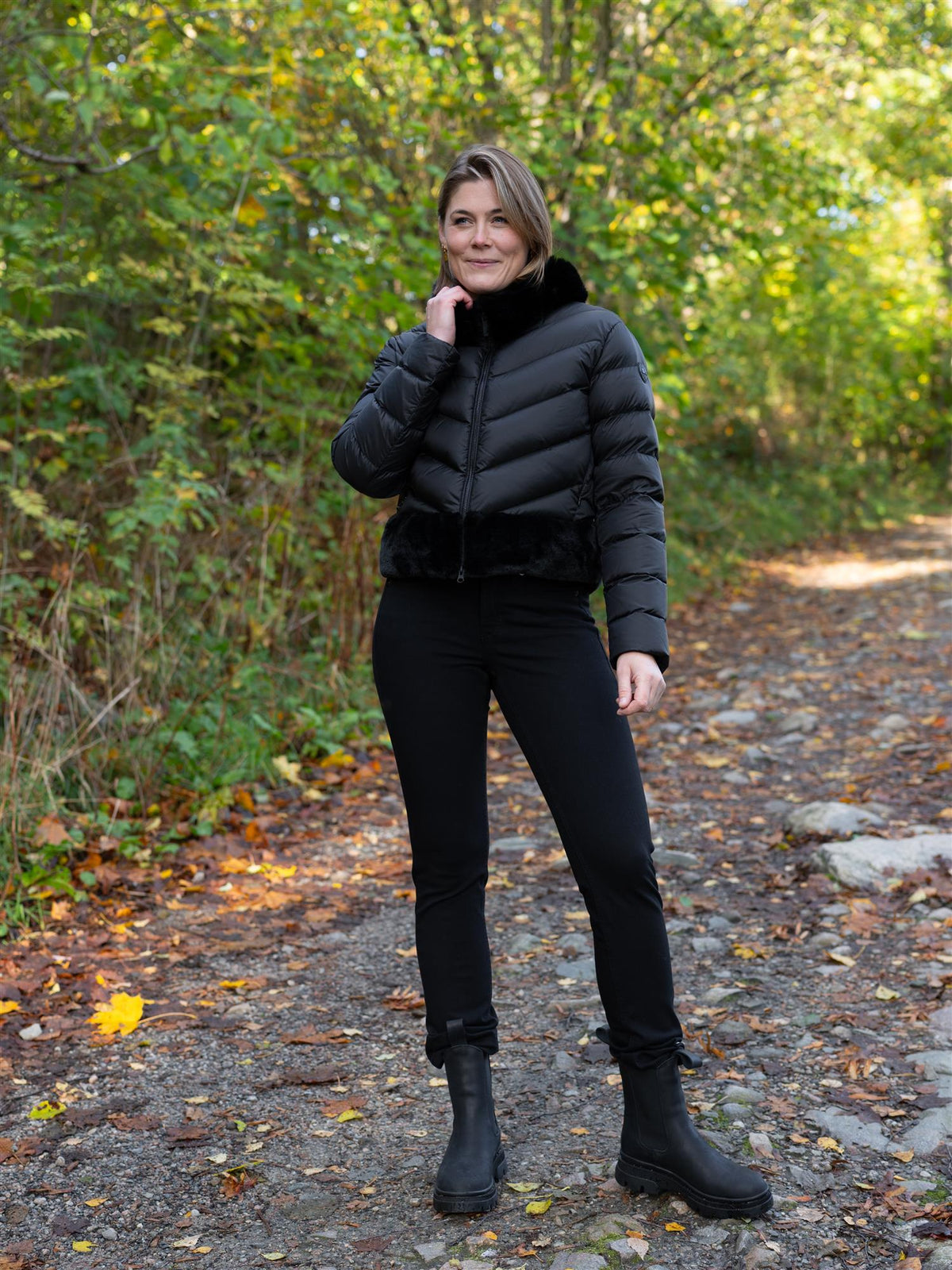 Ladies Down Jacket Black Faux Fur