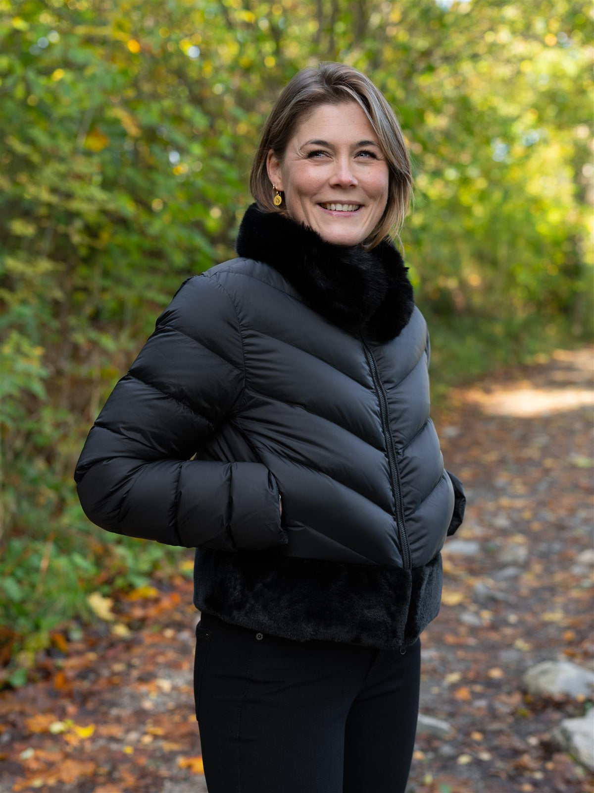 Ladies Down Jacket Black Faux Fur