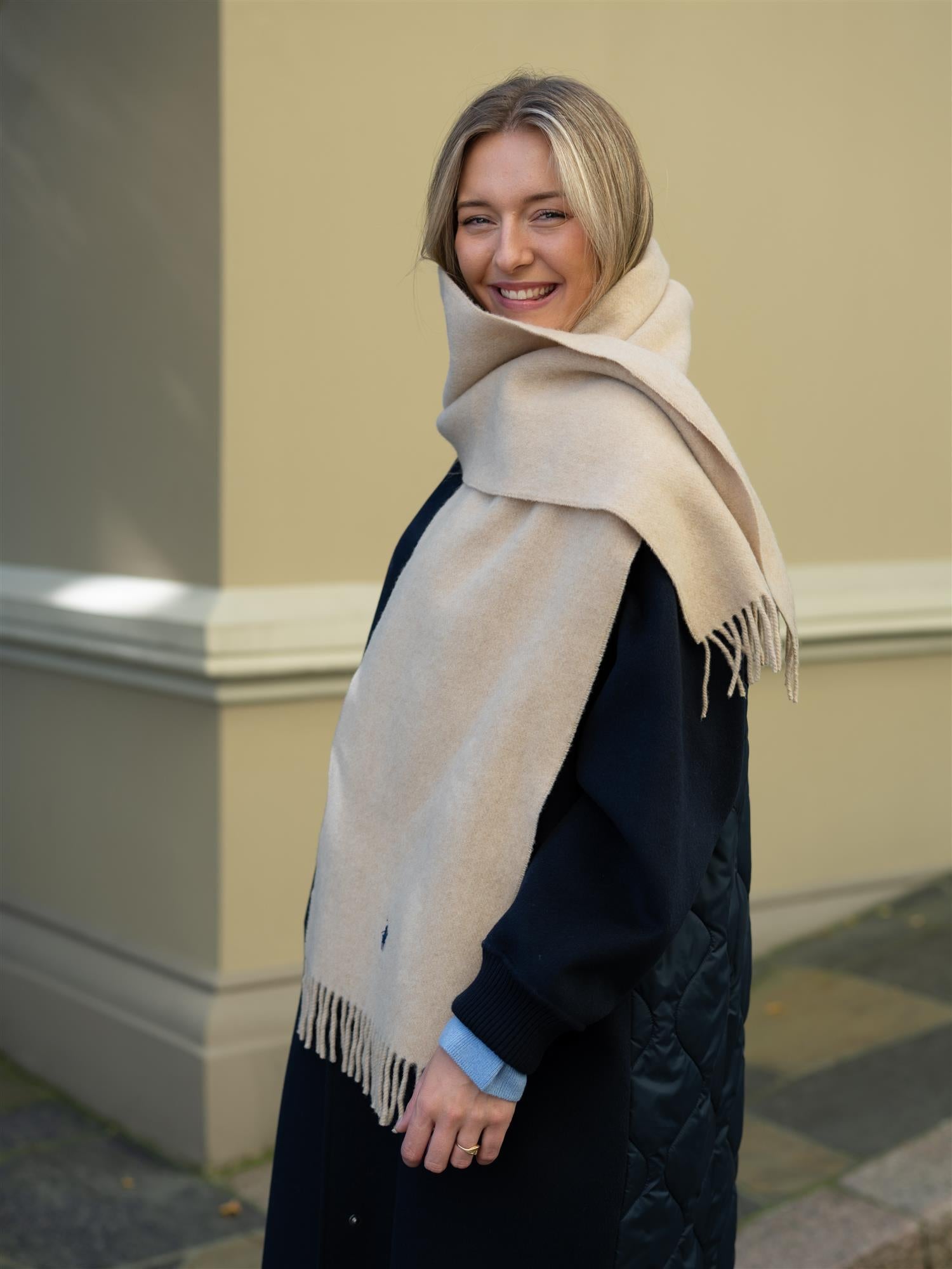 Fringe-Trim Wool Scarf Beige