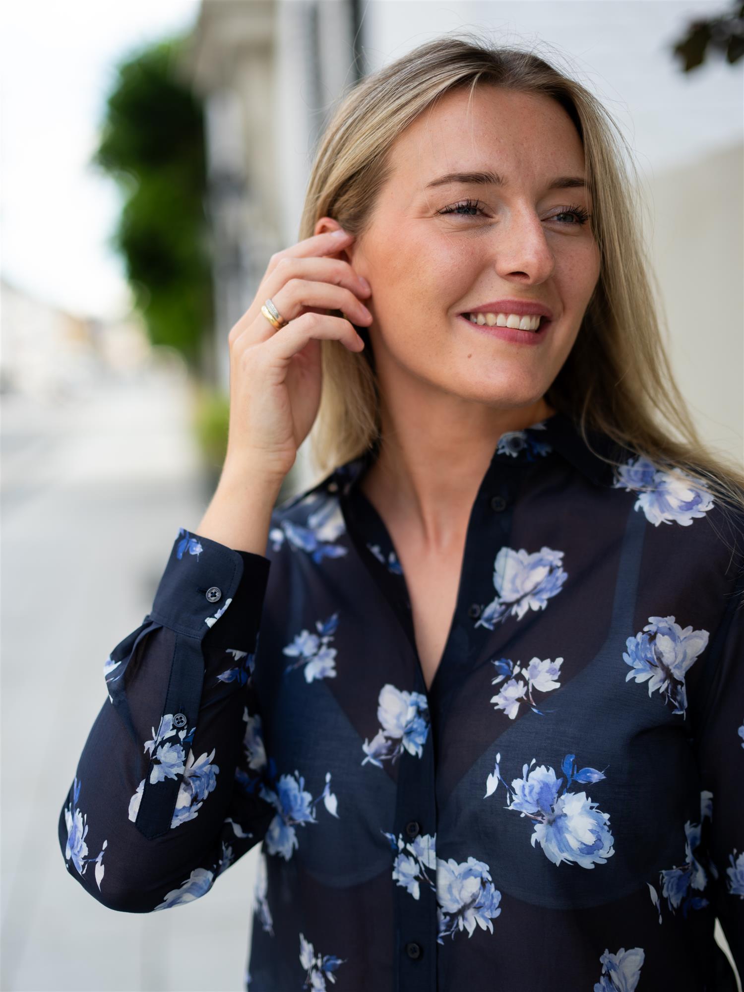 Reg Floral Print Ctn Silk Ls Shirt Evening Blue