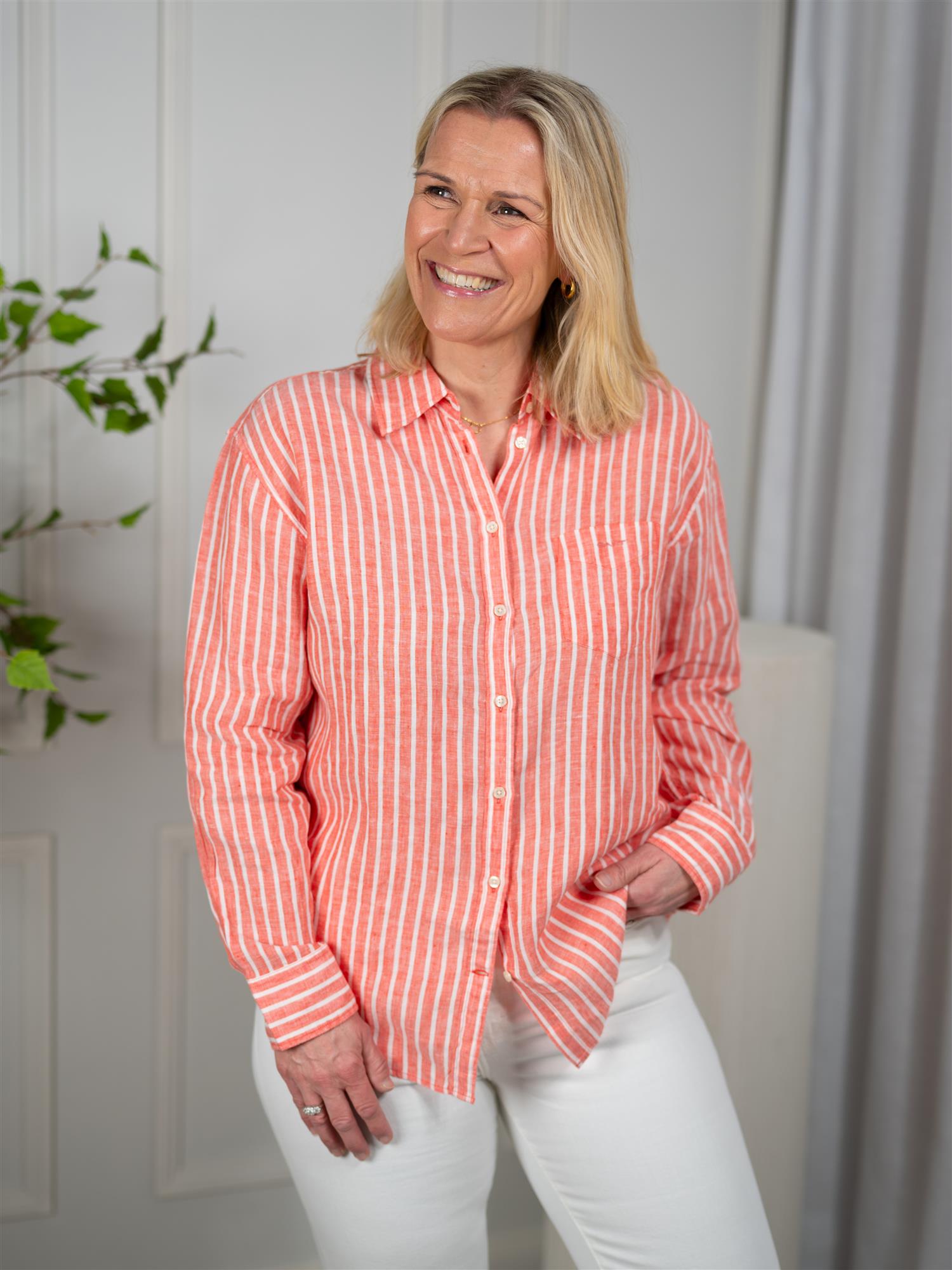 Gant Rel Striped Linen Ls Shirt Perfect Red