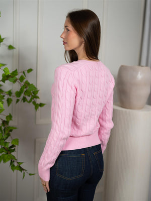 Polo Cable-Knit Cotton Crewneck Cardigan Pink