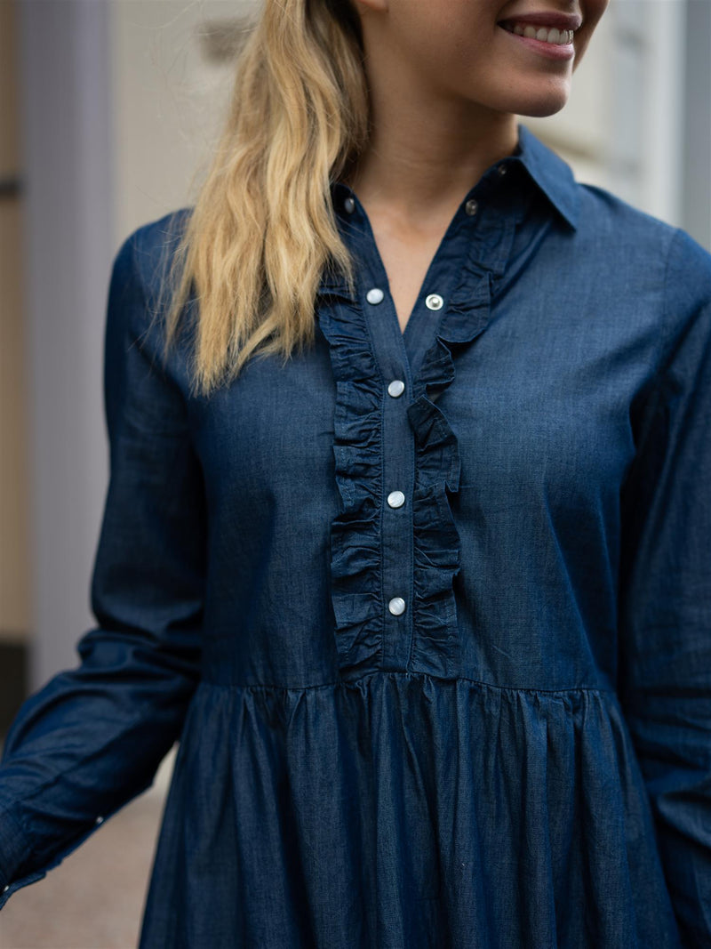 Lexington Denim Frill Tunic Dress Medium Blue