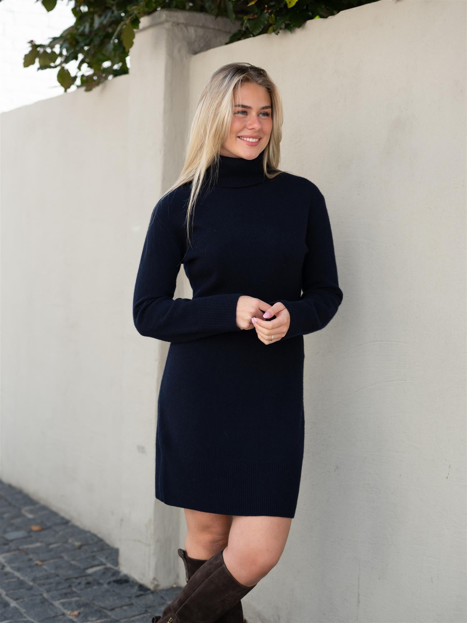 Wool Cashmere Rollneck Dress Evening Blue