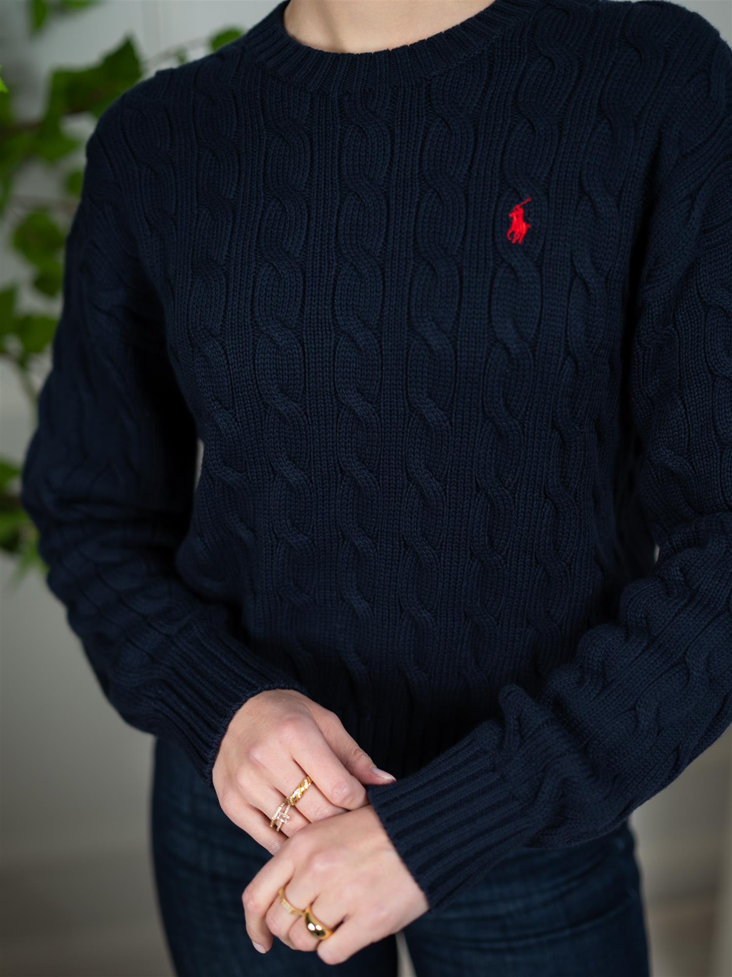 Polo Cable-Knit Cotton Sweater-Pullover Blue