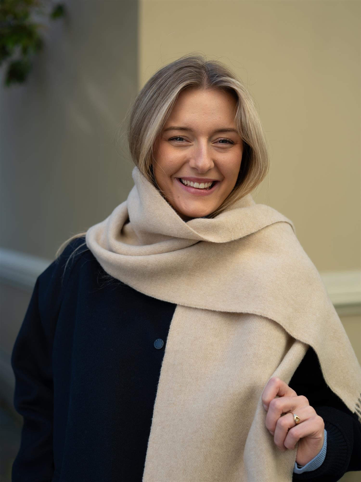 Fringe-Trim Wool Scarf Beige