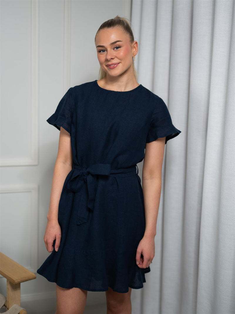 Lexington Belted Linen Dress Dark Blue