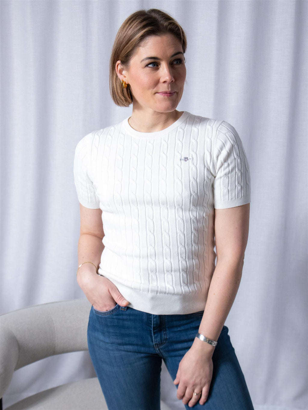 Gant Stretch Cotton Cable C-Neck Hvit