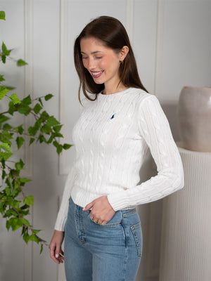 Polo Cable-Knit Cotton Crewneck Sweater White