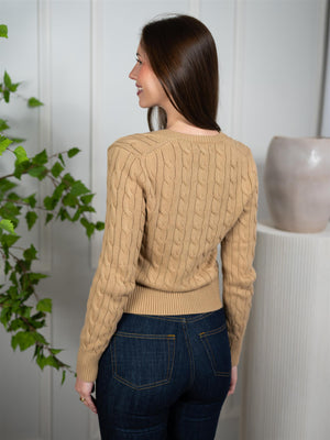 Polo Cable-Knit Cotton Crewneck Cardigan Khaki