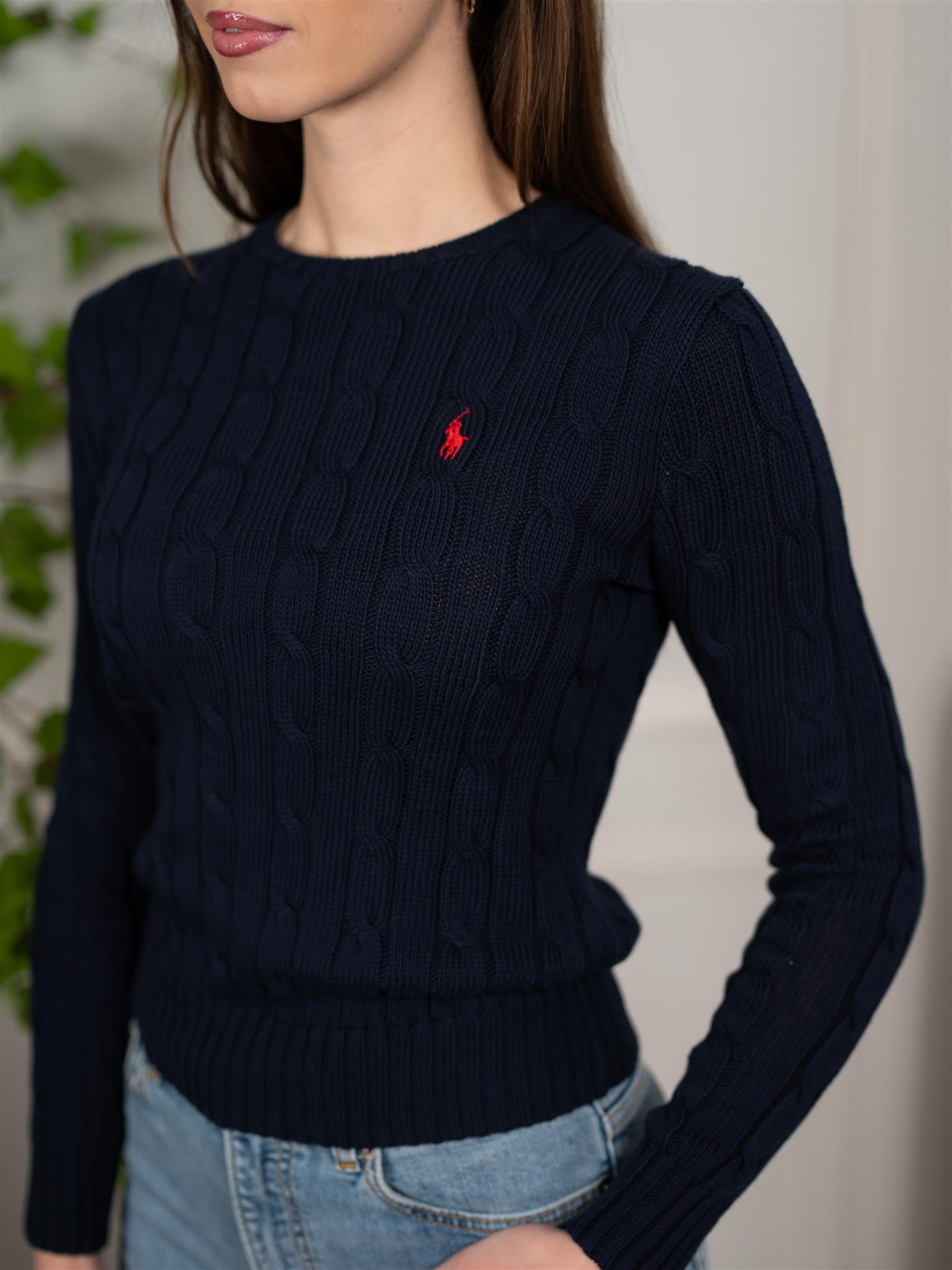 Polo Cable-Knit Cotton Crewneck Sweater Navy
