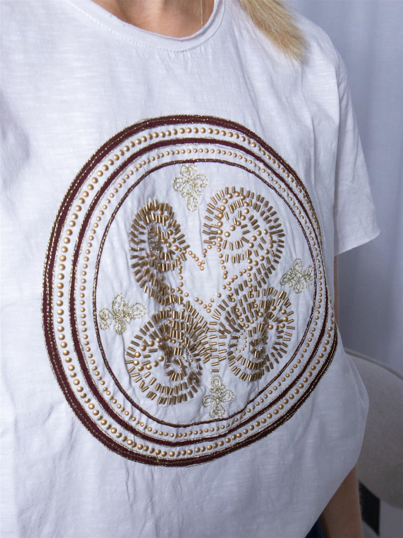 Mos Mosh Zano O-SS Embroidery Tee White
