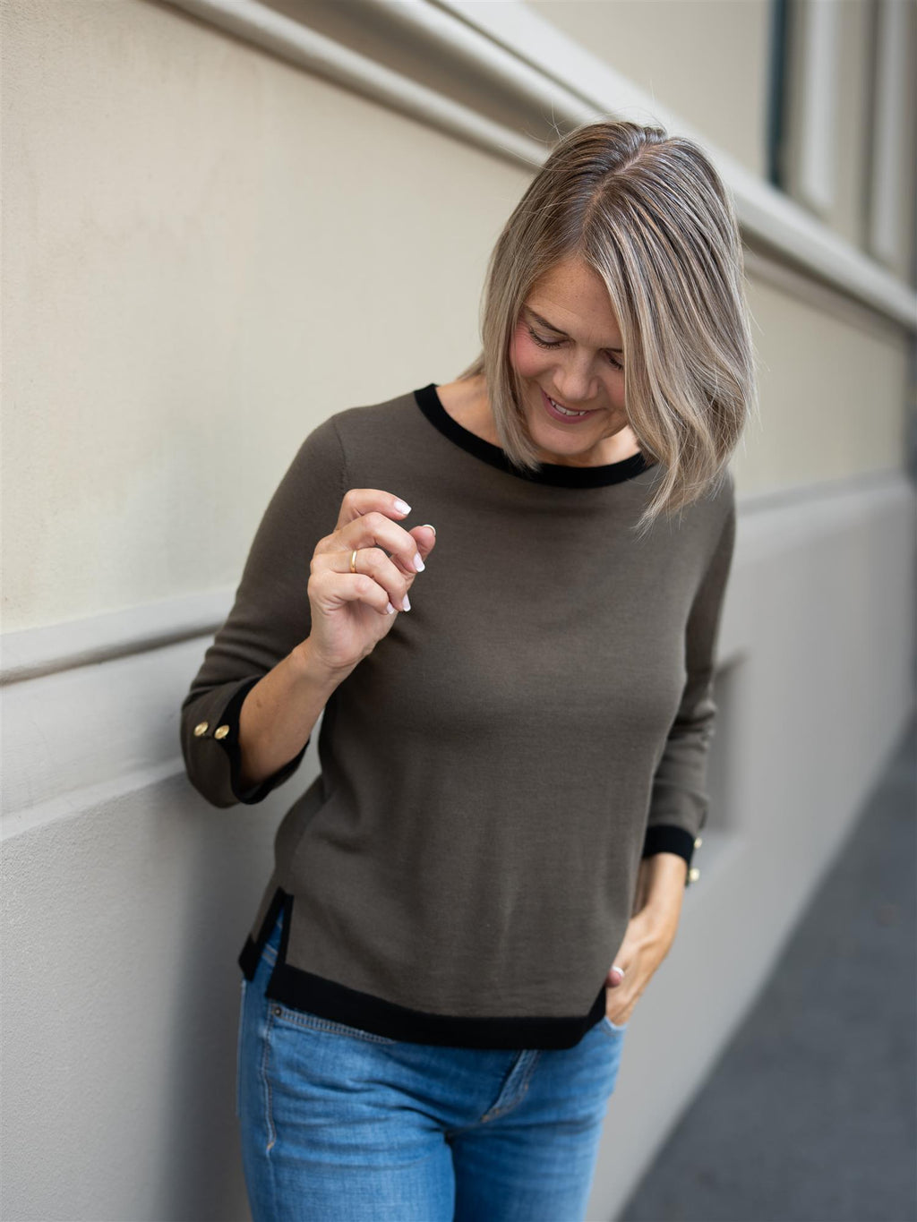 Busnel Helen Contrast Top Moss Melange/Black