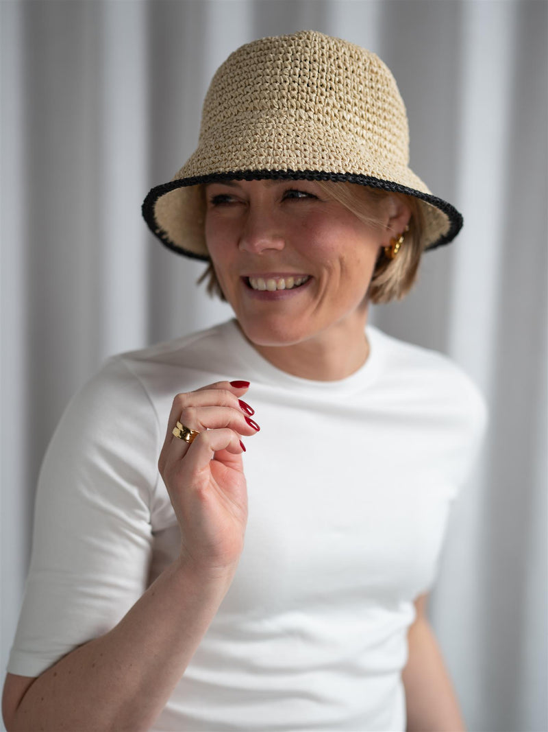 Lexington Contrast Stripe Paper Straw Bucket Hat Beige