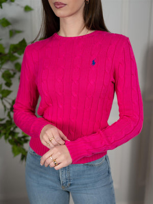 Polo Cable-Knit Cotton Crewneck Sweater Pink