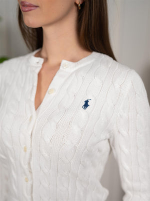 Polo Cable-Knit Cotton Crewneck Cardigan White