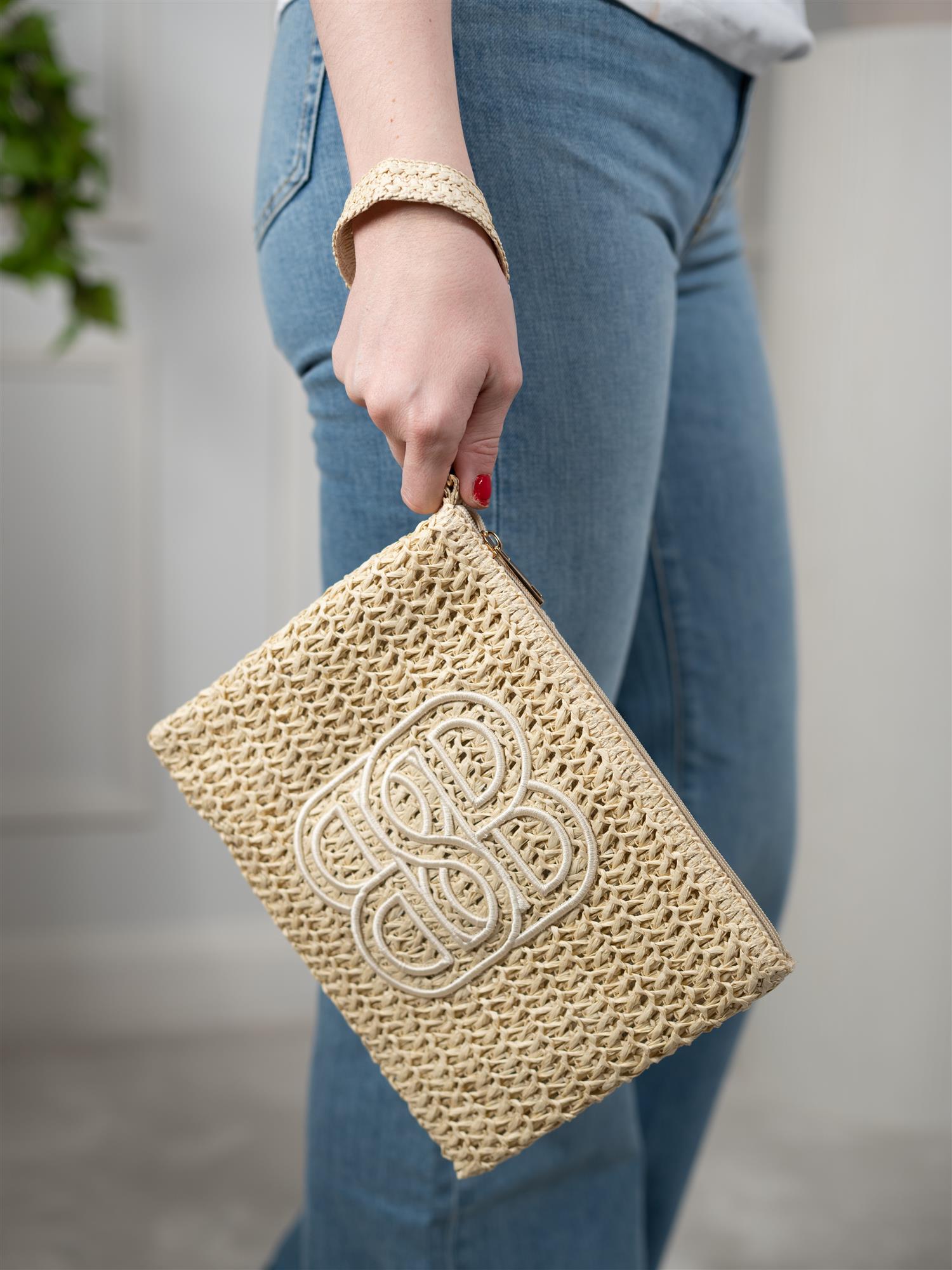 Ella&il Mim Straw Clutch Beige