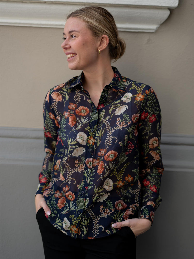 Gant Reg Floral Print Cot Silk Shirt Evening Blue