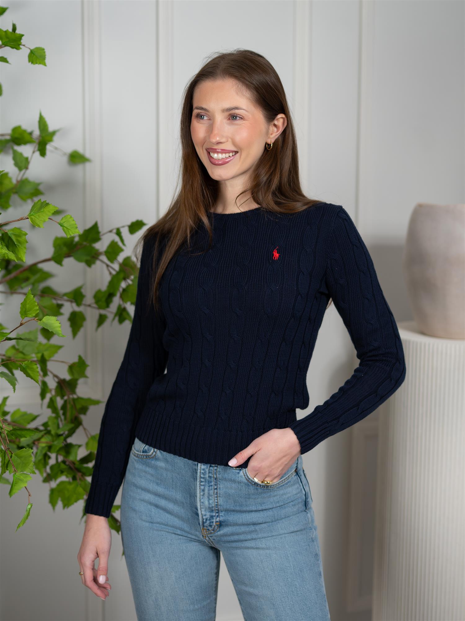 Polo Cable-Knit Cotton Crewneck Sweater Navy
