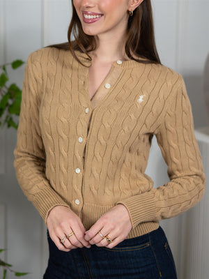 Polo Cable-Knit Cotton Crewneck Cardigan Khaki