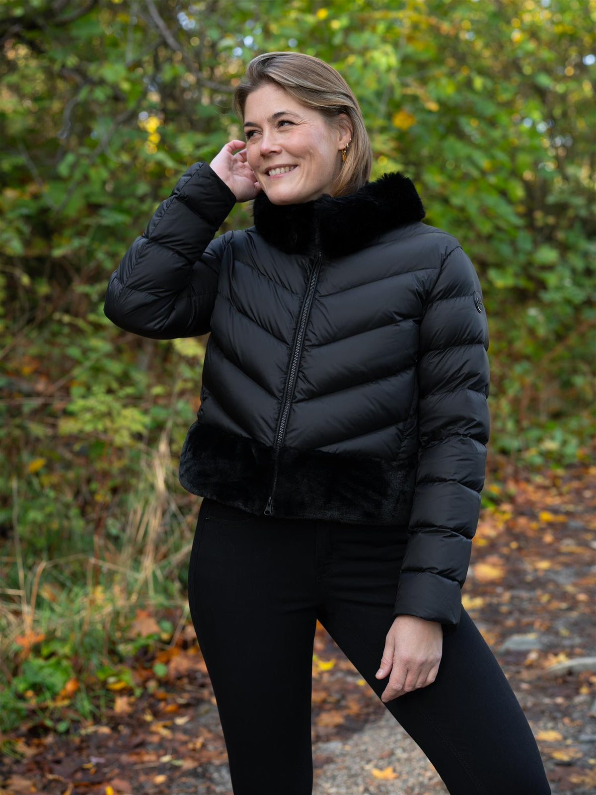 Ladies Down Jacket Black Faux Fur