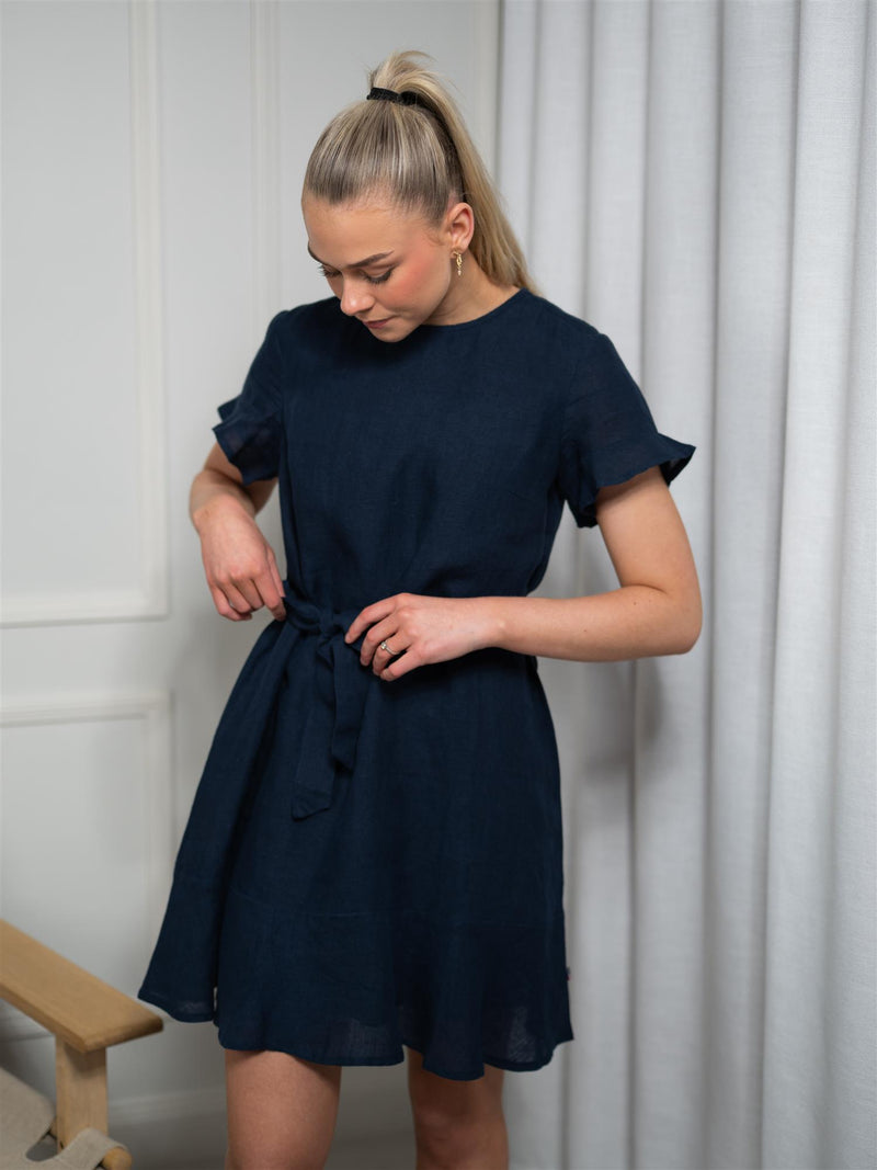 Lexington Belted Linen Dress Dark Blue