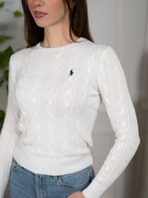 Polo Cable-Knit Cotton Crewneck Sweater White