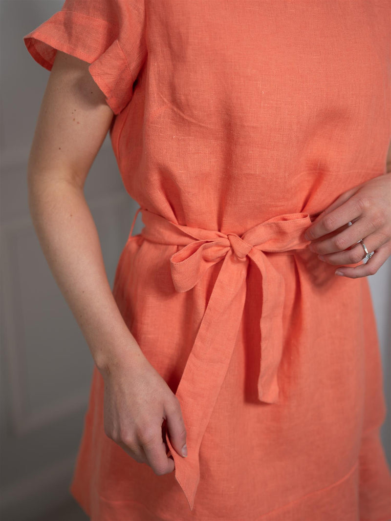 Lexington Belted Linen Dress Coral